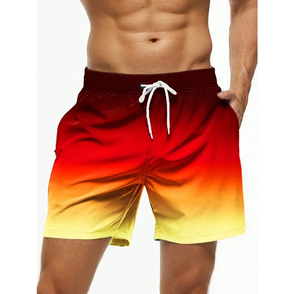 Men's Beach Shorts Gradient Color Block Drawstring Summer Men's swim Trunks Elastic Waist 3D Print  Breathable Short Streetwear