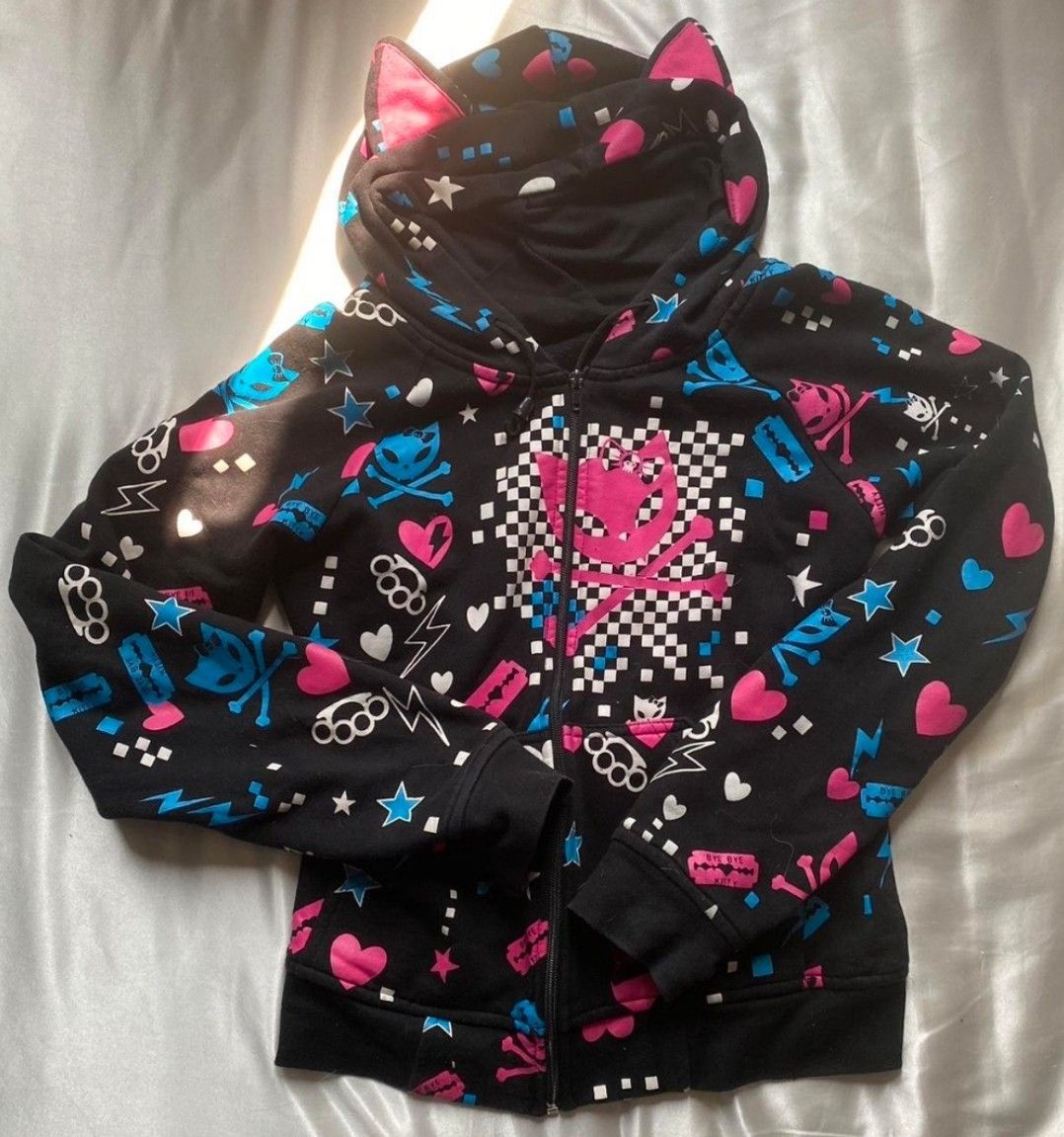 Kawaii Толстовки High Street Зимняя женская одежда Толстовки с черепами Толстовка на молнии Femme Хип-хоп Котячие уши Y2k Толстовка 2000-х Одежда