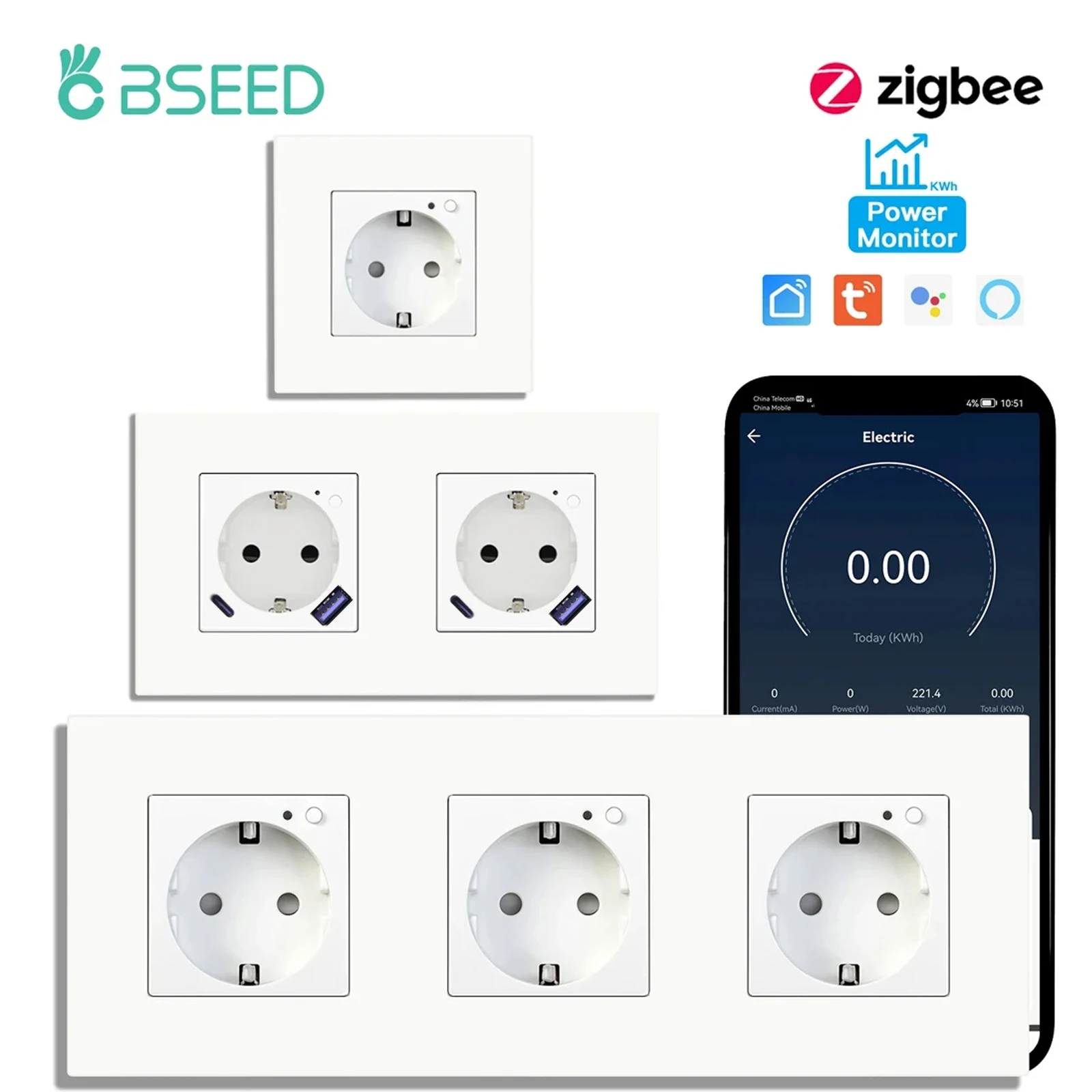 BSEED Одиночные настенные розетки ZigBee Монитор энергии Двойные розетки Smart Meter Приложение Google Smart Life Alexa Тройные розетки Пластик европейского стандарта