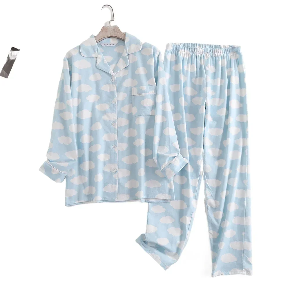 Cotton Flannel Quần Bộ Đồ Ngủ Bộ Đồ Mặc Nhà In Đơn Giản Rời Mùa Thu Đông Tay Dài Quần Pyjamas Nữ Bộ