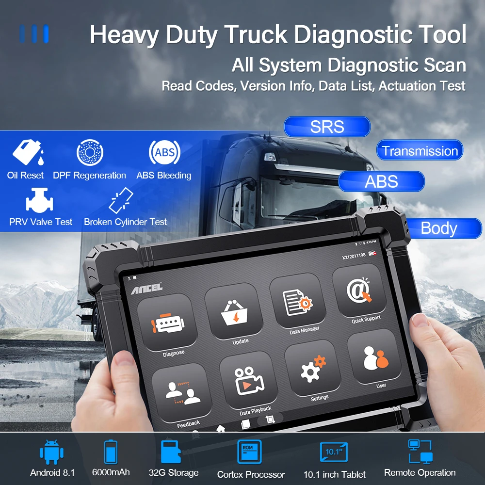 ANCEL X7 HD Heavy Duty Truck Diagnostic Tool Полная система 12 В 24 В EPB ABS Сброс масла SAS DPF Regen TPMS ECU OBD2 Сканер грузовиков