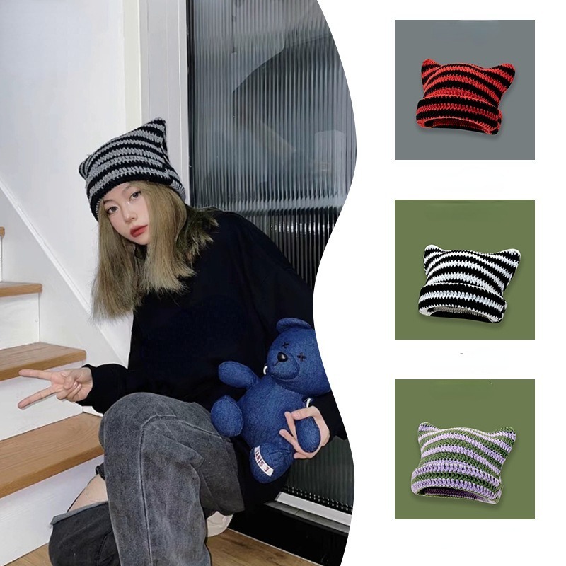 Novo japonês streetwear harajuku gorro pequeno diabo listrado chapéu de malha feminino meninas outono inverno bonito orelhas de gato boné