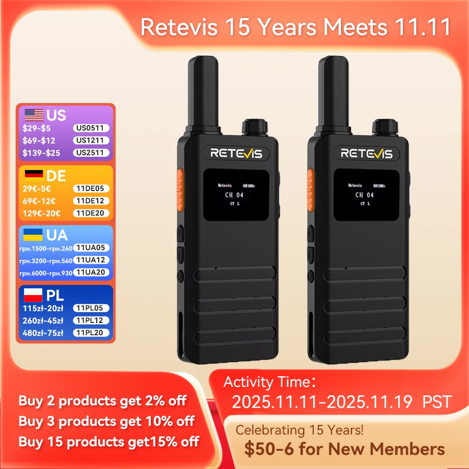 Retevis B63S (3a generación RT622) Walkie Talkie 2 piezas con pantalla LCD Walkie-talkie ultrafino sin licencia tipo C para acampar senderismo