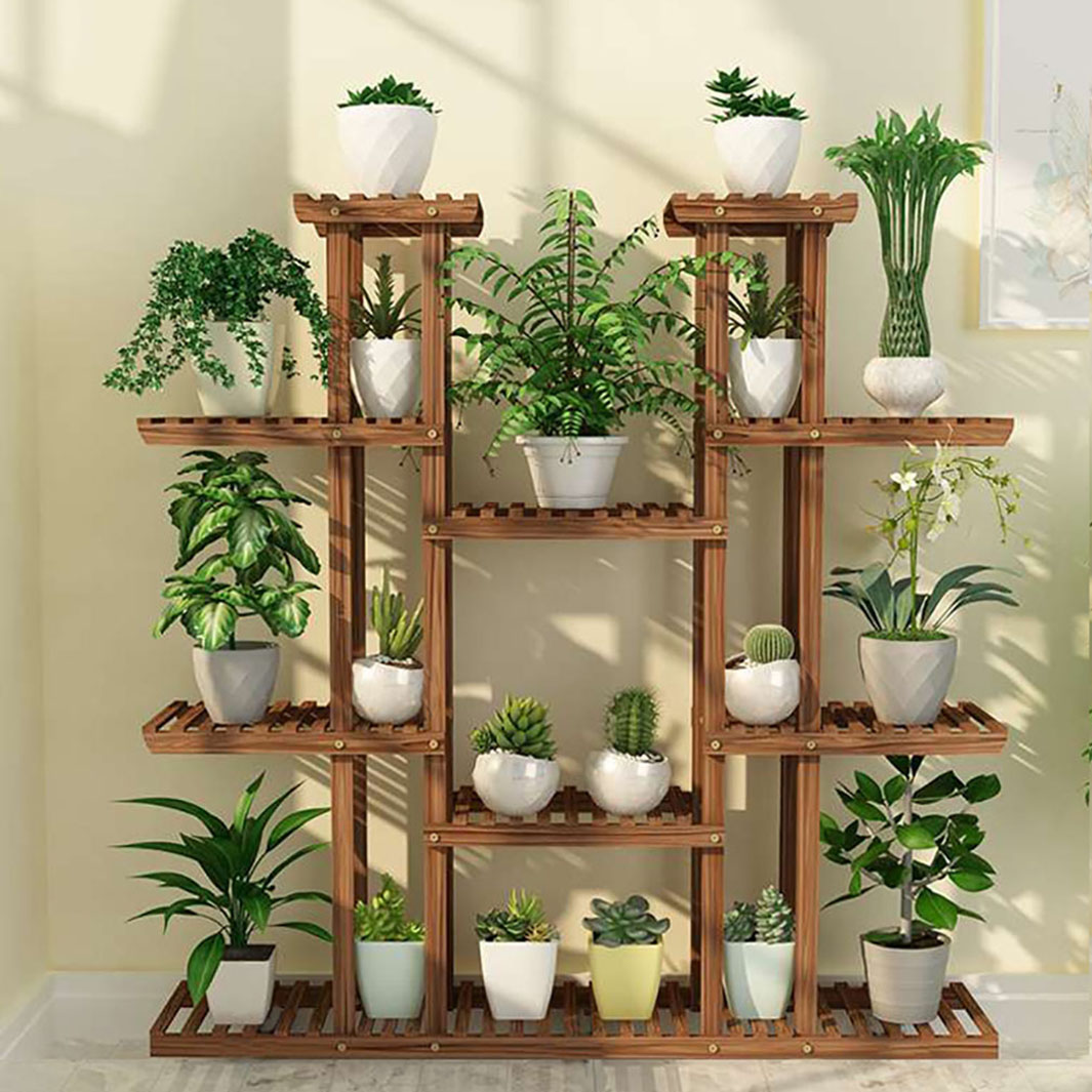Supporto per piante in legno a 11 livelli, supporto per espositore per vasi ad alto largo carbonizzato, negozio di fiori, ufficio, giardino, decorazioni per interni ed esterni