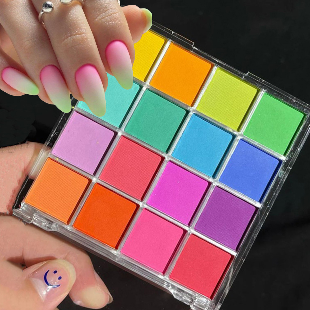 16-Grid 16 Color Solid Rubbing Powder Palette for Nail Art DIY Gradient Smudge Pat-pat Powder Nail Art Manicure Gradient Pigment