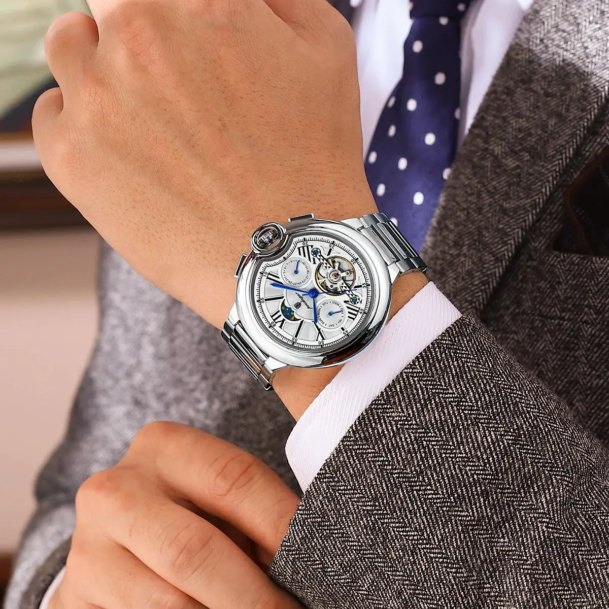 Reloj POEDAGAR de lujo para hombre, Tourbillon hueco, reloj mecánico automático para hombre, relojes impermeables con fecha y semana de acero inoxidable para hombre