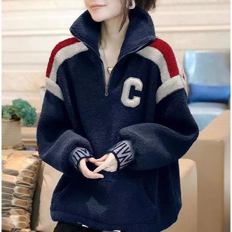 Ropa Deportiva de imitación de cordero para mujer, sudaderas de felpa, suéter superior cálido, Jersey Retro, abrigo suelto, moda de otoño e invierno