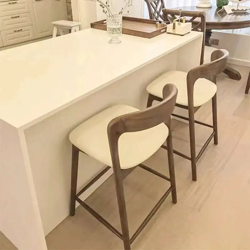 Nordic Solid Wood Household Bar Chair White Wax Wood High Footed Stool Bar Chair Modern Simple Desk Reception Backrest