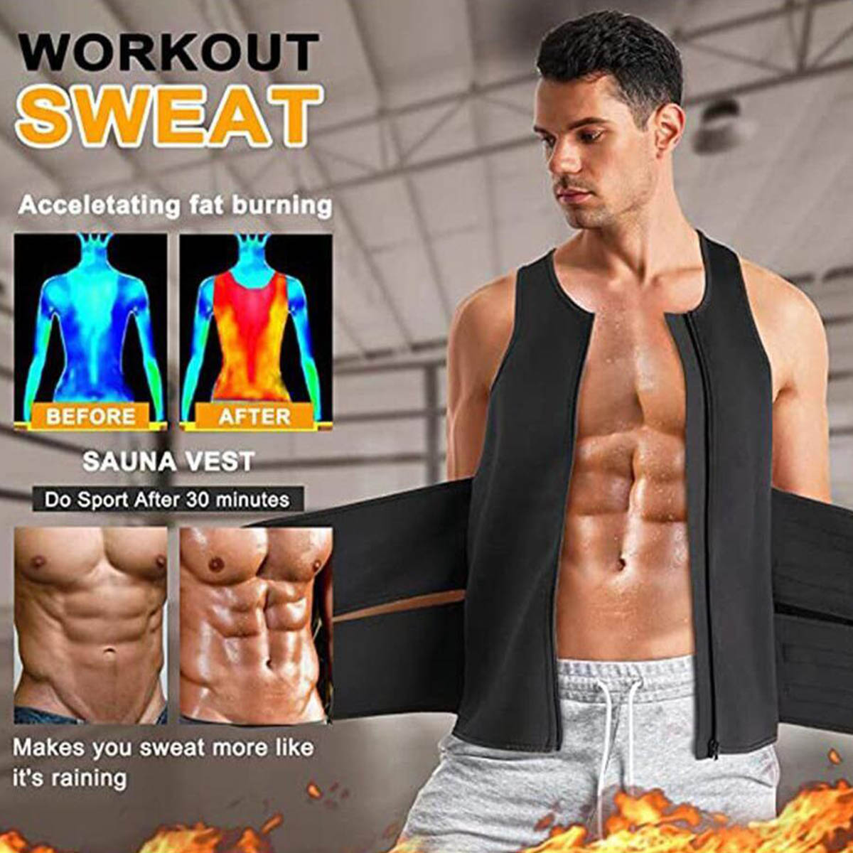 Neoprene Sauna Vest for Men with Waist Trainer Slimming Workout Tank Top Sweat Suit Body Shaper Fitness Gear