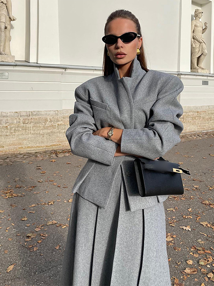 Jaqueta de ombro largo feminina e saias plissadas, jaqueta elegante de manga comprida com lapela e saia longa, roupas chiques femininas, outono