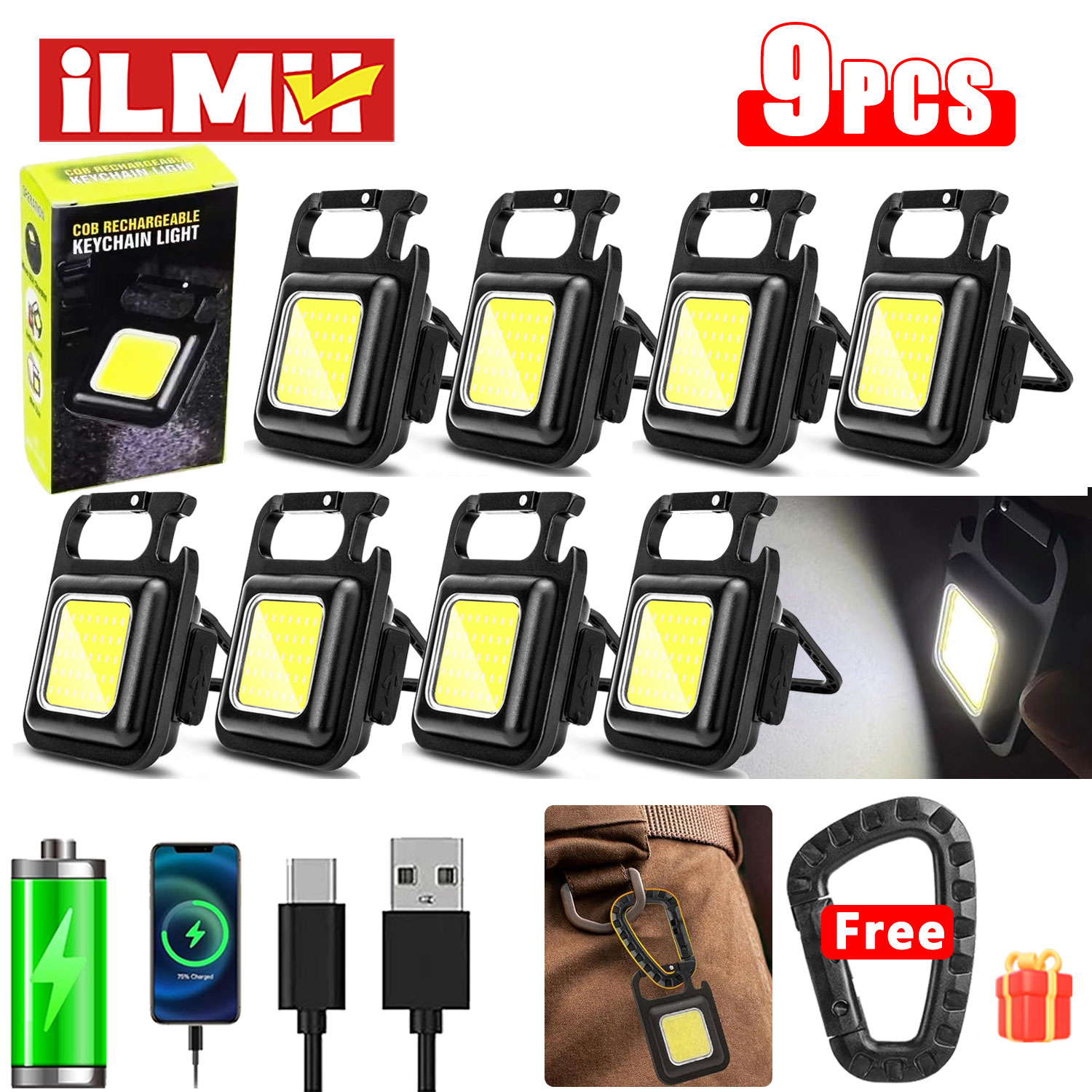 Portable Keychain Light Mini Multifunctional Camping Flashlight USB Rechargeable Work LED Bright COB Pocket Clip Lantern 1-10Pcs