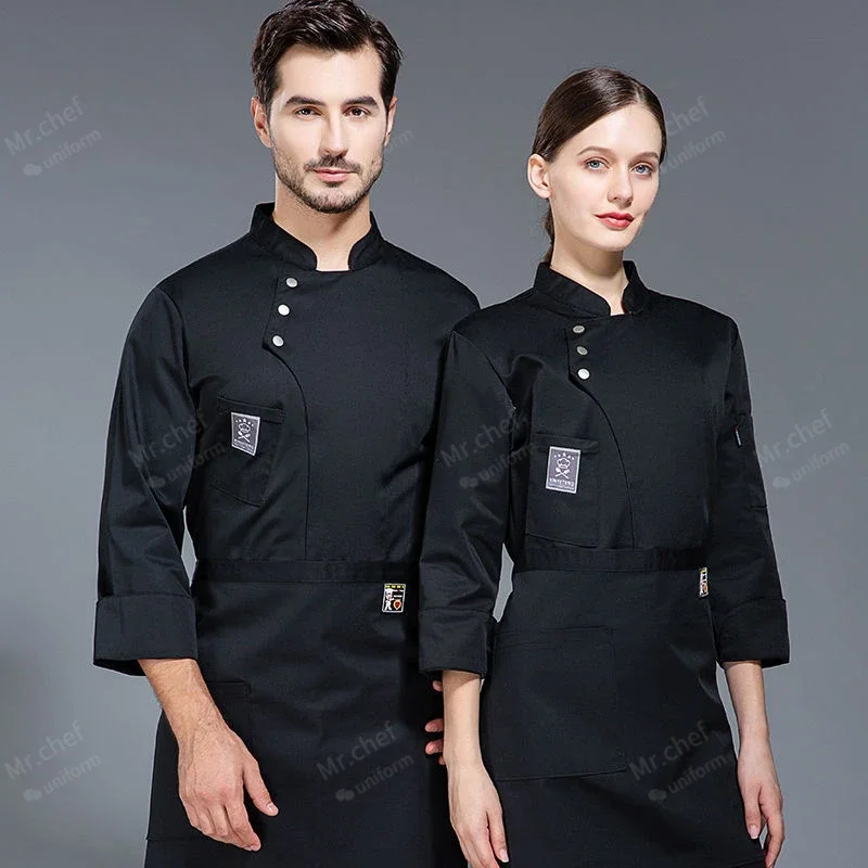 Uniforme de chef preto jaqueta manga longa chef camiseta restaurante uniforme padaria serviço de alimentos respirável novo logotipo de roupas de cozinha