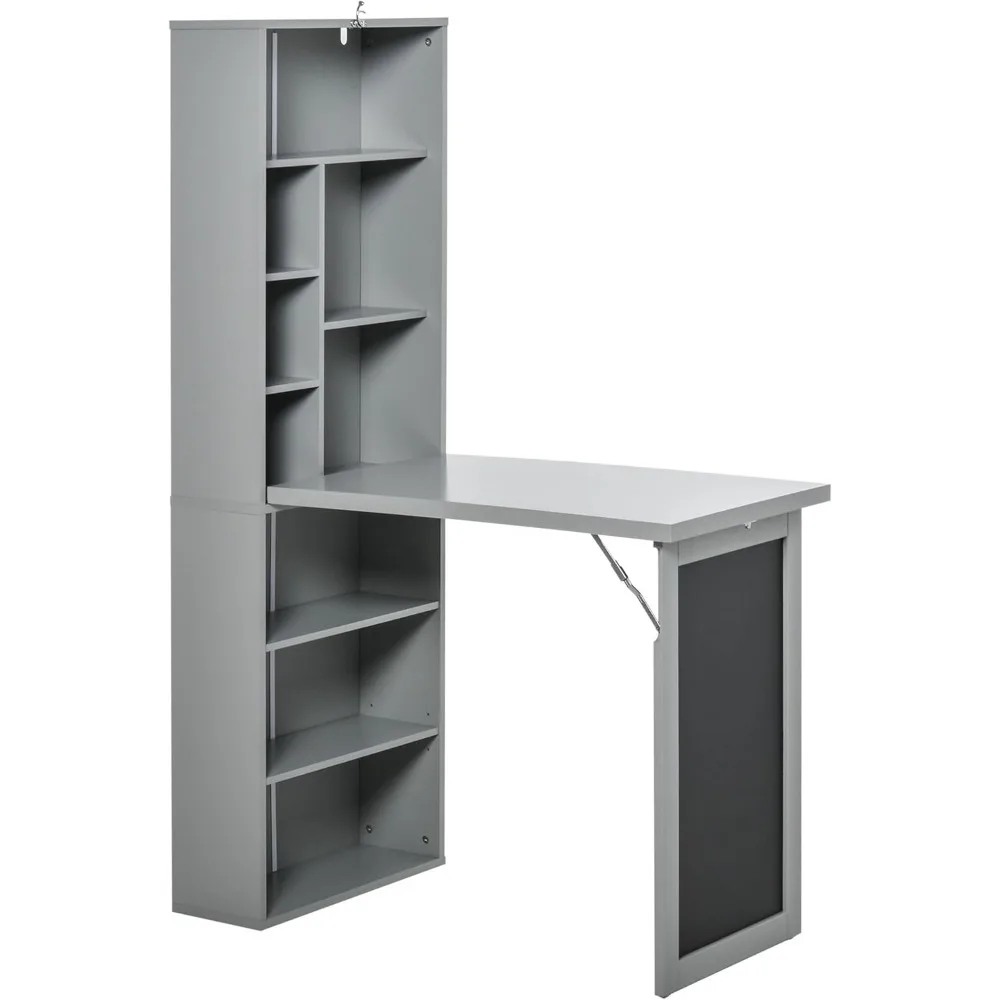 Fold-Out Convertible Writing Table Wall Mount Desk Cabinet with Blackboard and Side Shelf Multi-Function Home Office Work