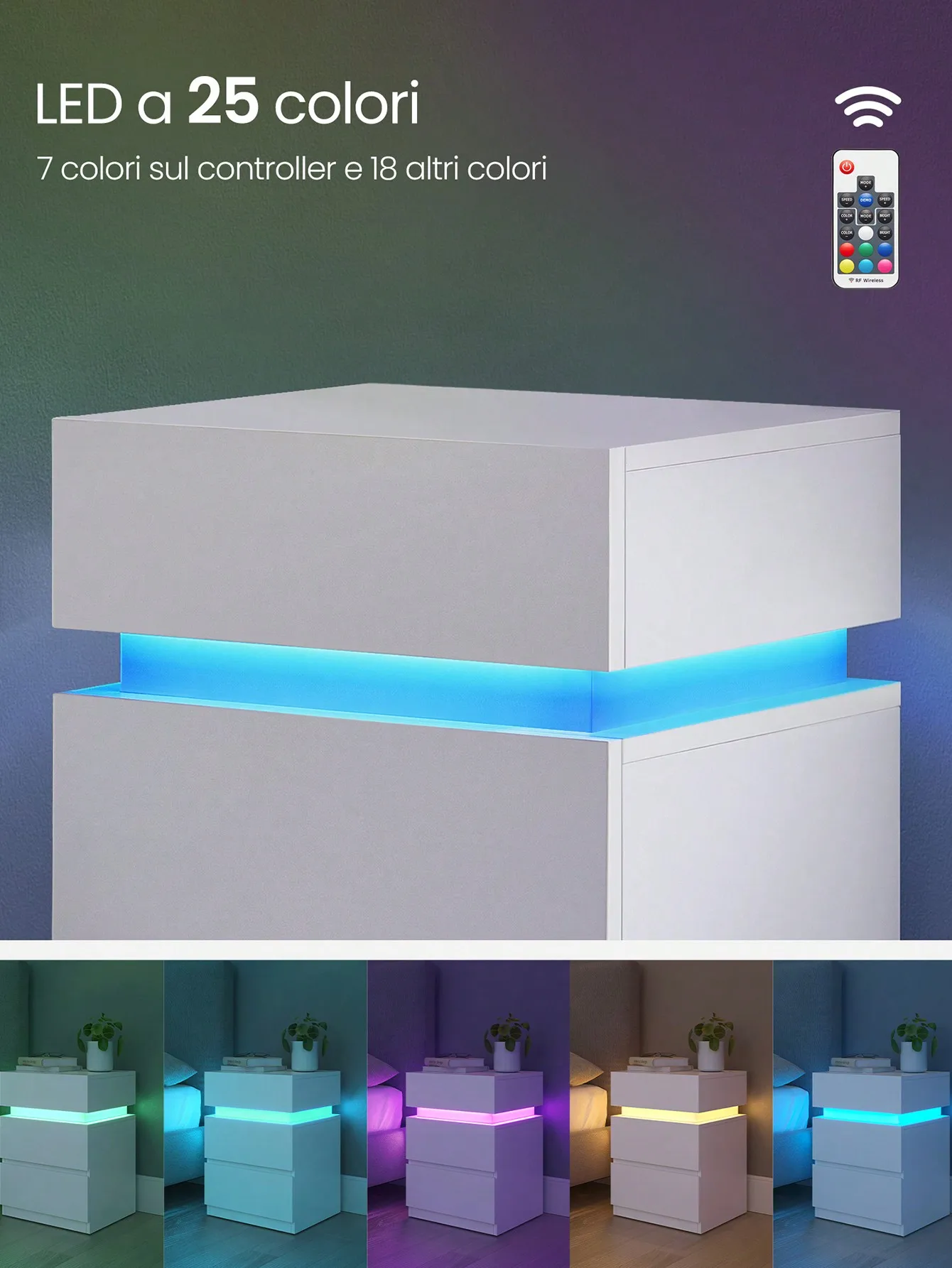VASAGLE Comodino con Striscia LED Multicolora Variabile, 3 Cassetti, Tavolino, Stile Moderno, 35 x 40 x 55 cm, Bianco