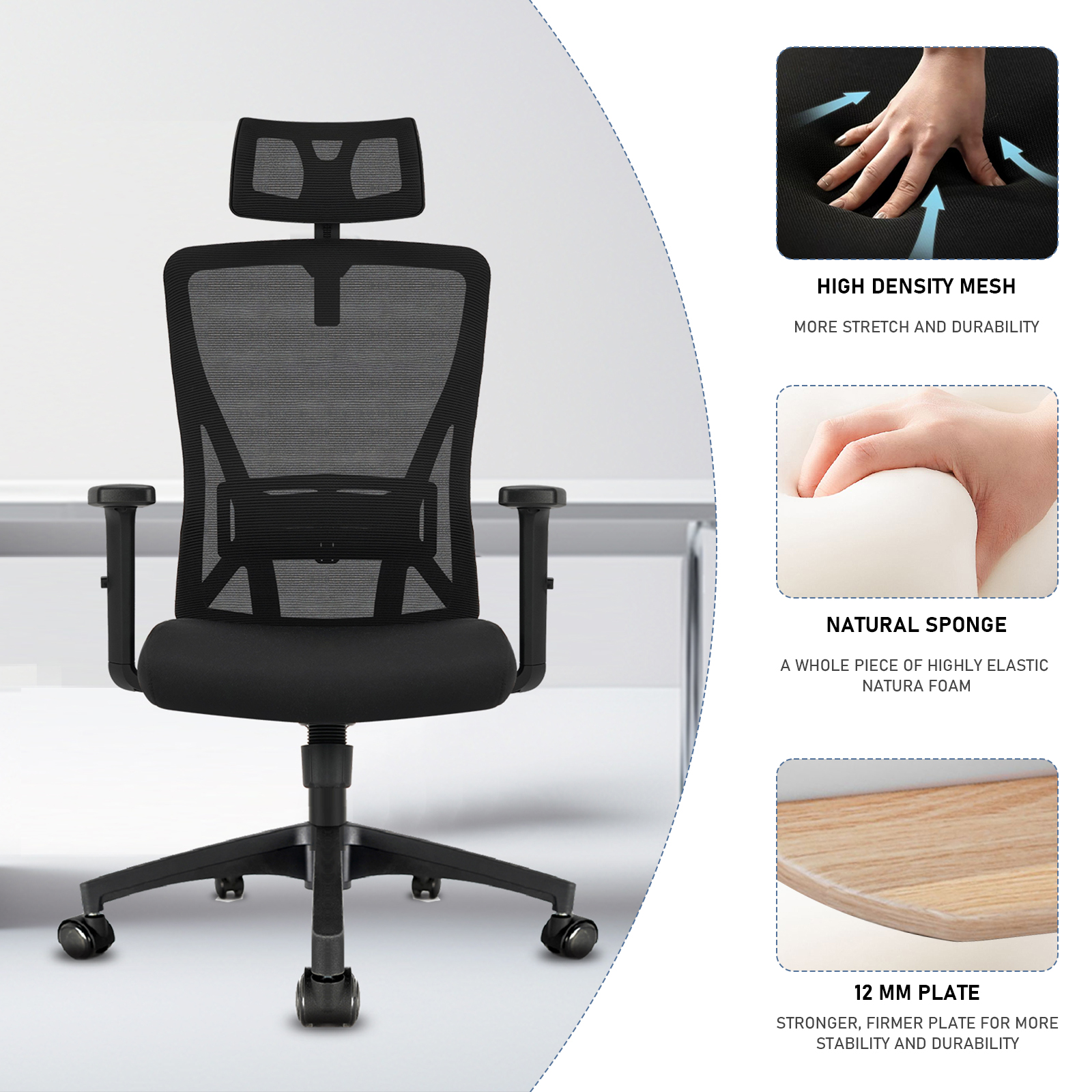 Chaise de bureau ergonomique Durafy, appui-tête réglable, accoudoirs, soutien lombaire, hauteur réglable, fonction d'inclinaison, capacité de charge 150 kg