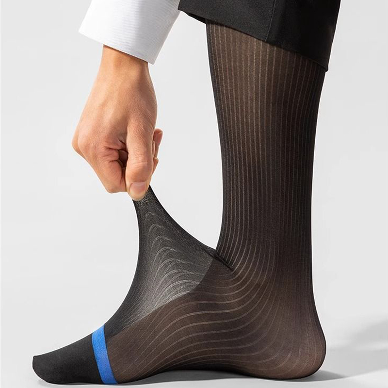 Mann kurze Seiden socken Business dünne Nylon gestreifte atmungsaktive weiche elastische unter dem Knie Wade formelle Kleidung Crew Socken Gentleman