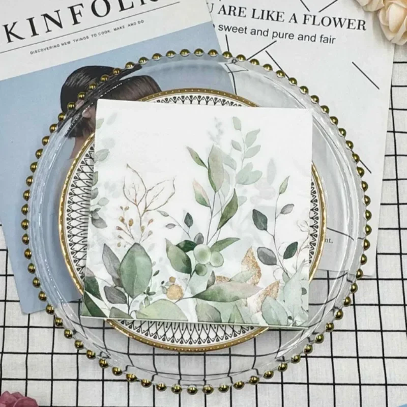 カラフルなプリントナプキン、2プライ、森の緑の葉、ホテル、レストランのテーブルデコレーション、ワイングラス、花、紙のランチョンマット、20個