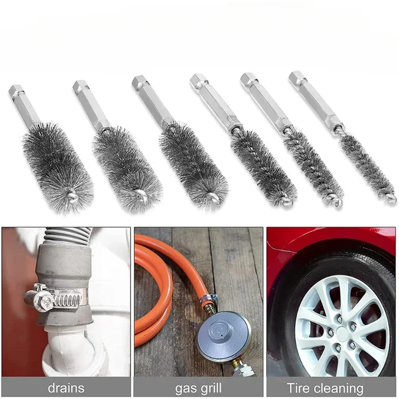 6 Pcs Stainless Steel Pipe Cleaning Brush Set 1/4" Hexagonal Bar Twisted Wire Hole Brush Cleaning Brush Bristle Wire Brush Hole