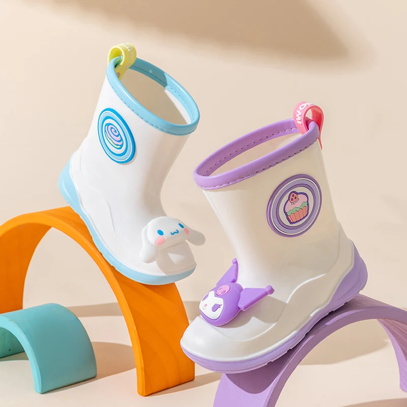Sanrio botas de chuva infantis genuínas, botas de chuva fofas de desenho animado para meninas, sapatos antiderrapantes com cola