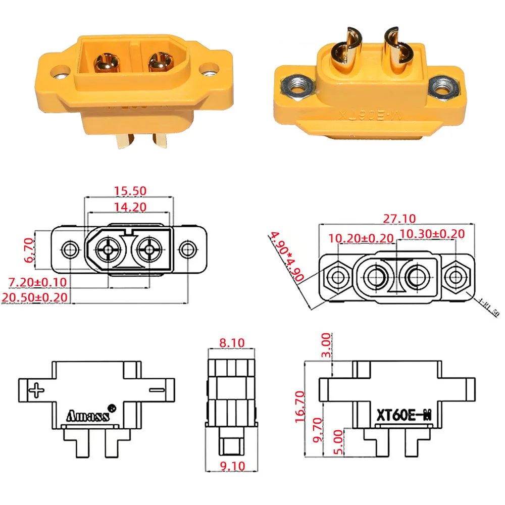 Amass XT60e m xt60e conector XT60E-M conector macho XT60e montable para modelos RC multicóptero XT60E-M conector XT60 Panel