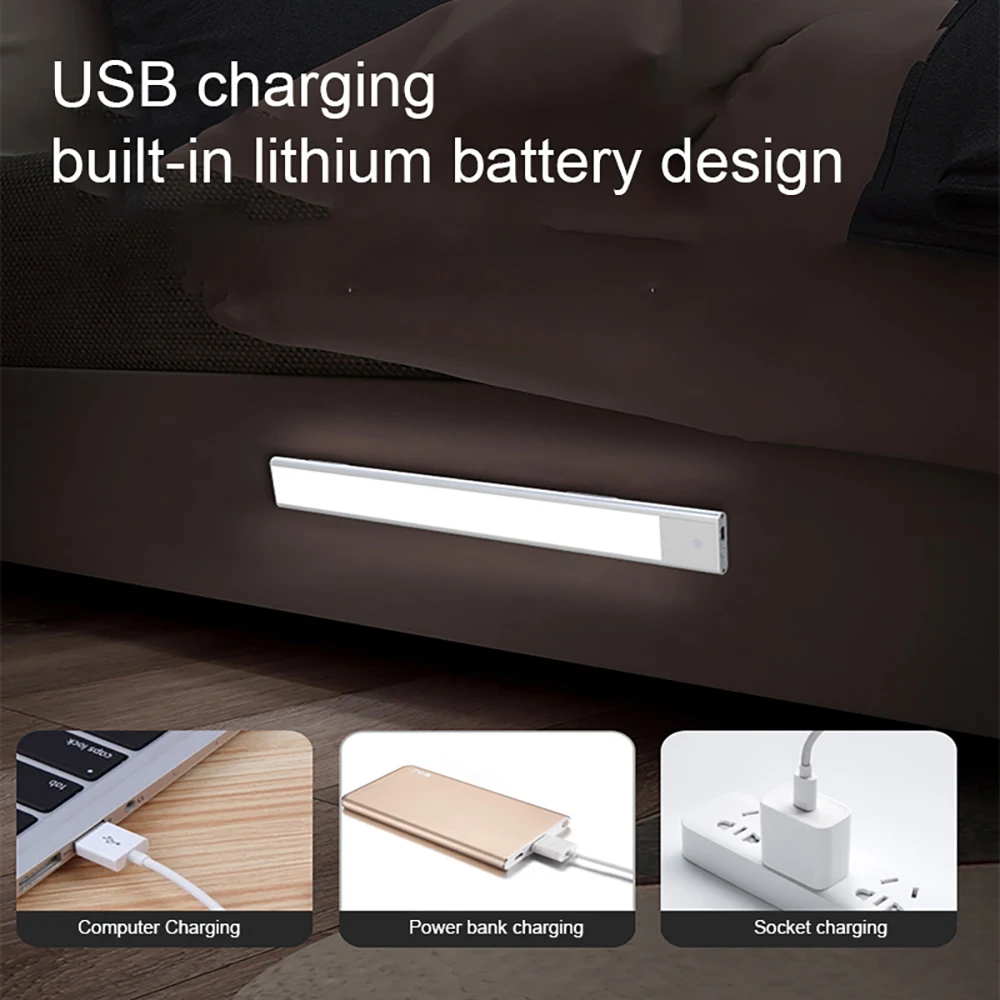 ไฟตู้ Motion Sensor LED ไร้สาย USB ภายใต้ Ultra Thin Night Light สําหรับห้องครัวตู้ห้องนอนตู้เสื้อผ้าแสงในร่ม