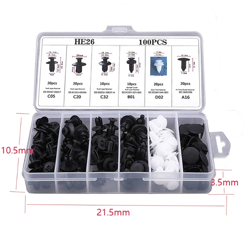 100/50 pcs Mixed Auto Plastic Fastener Clips – 6 Types Quick-Fix Car Interior Trim Rivets & Buckles in OPP Bag/Box