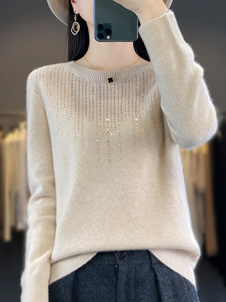 Damen-Pullover, Pullover, 2024, Herbst/Winter, Strickwaren aus reiner Wolle, locker, langärmelig, Hot Diamond Fashion, warmes Kaschmir-Top, schmale Passform