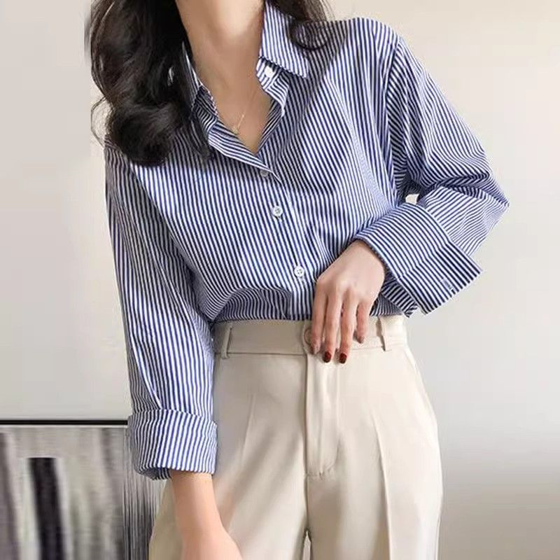 Klassieke gestreepte vrouw lente herfst blouses shirt dame lange lantaarn mouw opstaande kraag losse blusas tops