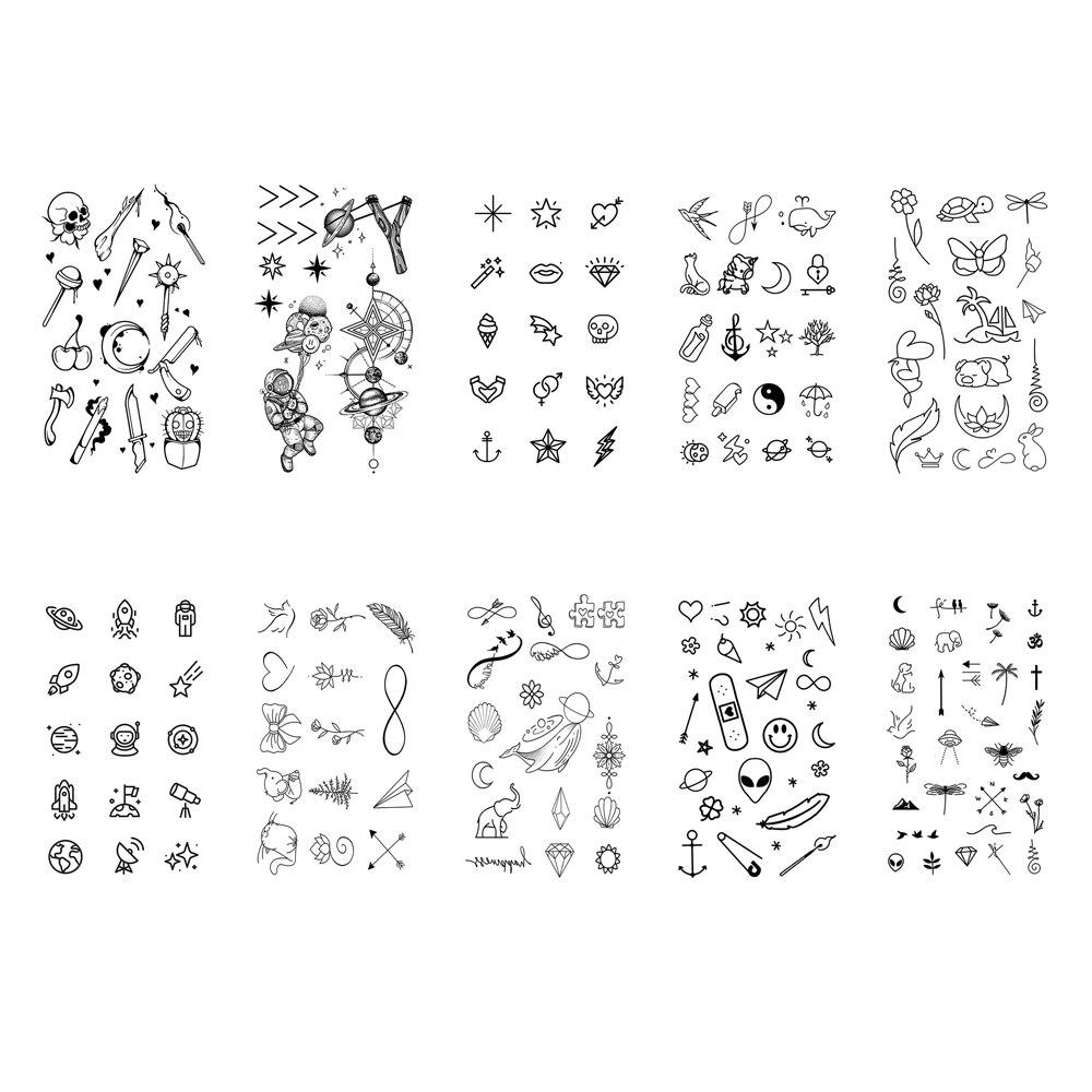 10 stücke Wasserdicht Temporäre Tattoo Aufkleber Liebe Emoticon Mond Sonne Linien Schädel Planet Tatto Handgelenk Gefälschte Tattoos Körper Kunst Frauen männer