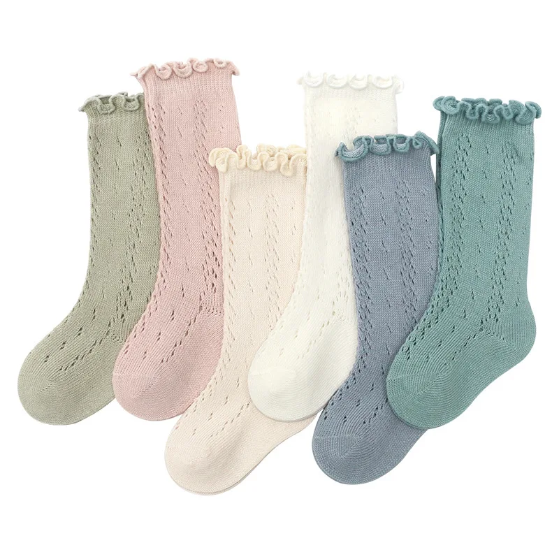 Calcetines hasta la rodilla con volantes para niños, calcetines largos de algodón suave con encaje y flores para recién nacidos de 0 a 3 años
