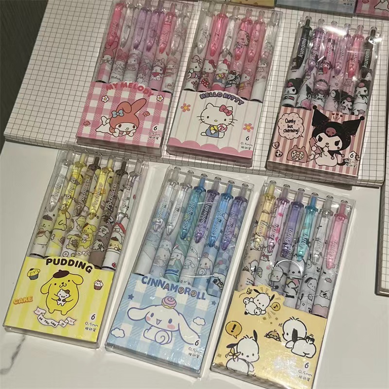 6 ชิ้น Sanrio เจลปากกาการ์ตูน Kawaii Hello Kitty Kuromi สํานักงานเครื่องเขียนการเขียนปากกา 0.5 สีดํา