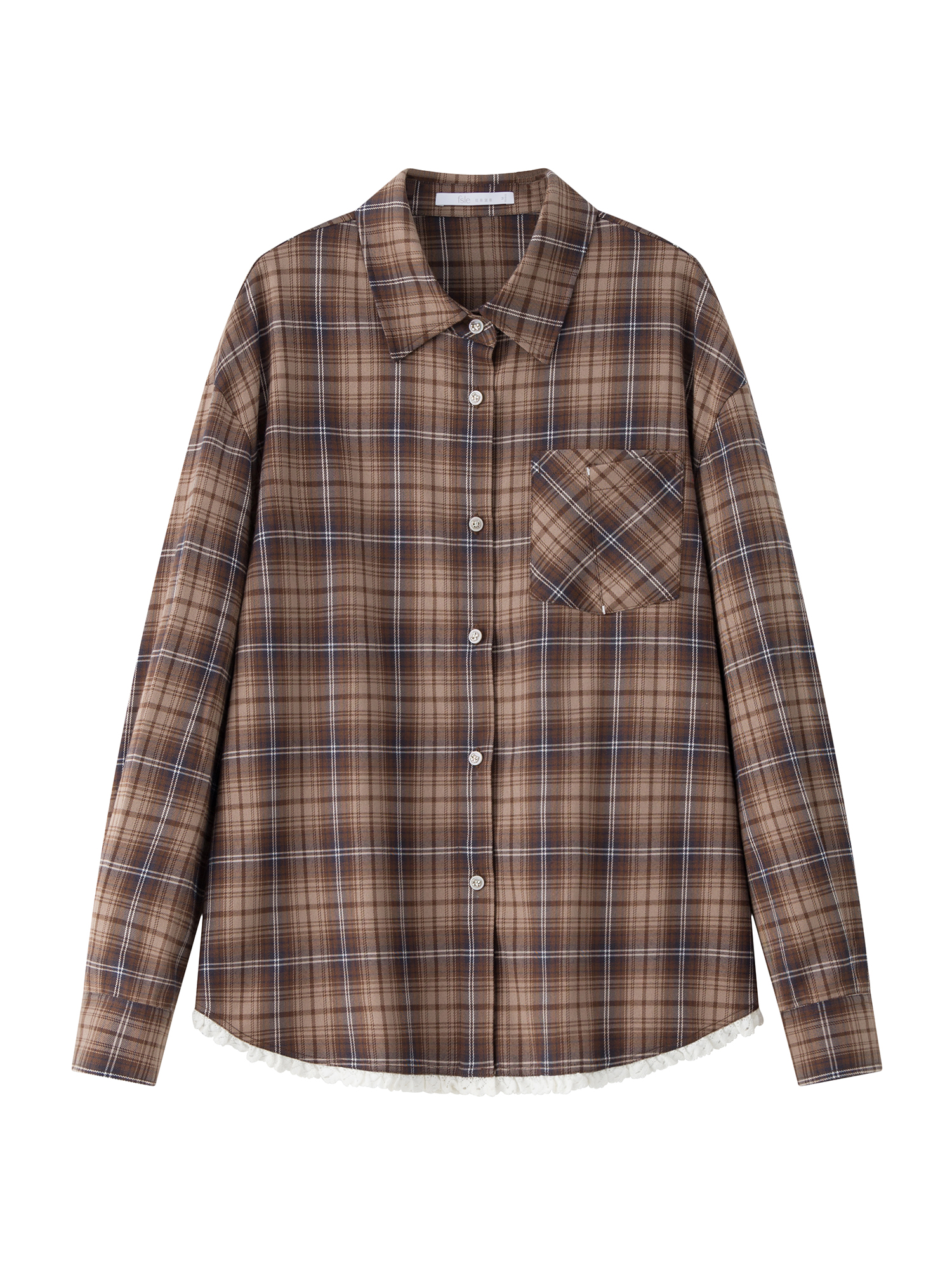 FSLE Frauen Plaid Bluse Polo Neck Drop Hülse Weibliche Retro Braun Kariertes Hemd Saum Spitze Patchwork Design Langarm Top 24FS14543