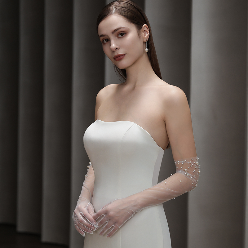 WG138 gants de mariée lourds faits à la main perles élégant Long élégant mince dîner de mariage Tulle gants accessoires de mariage