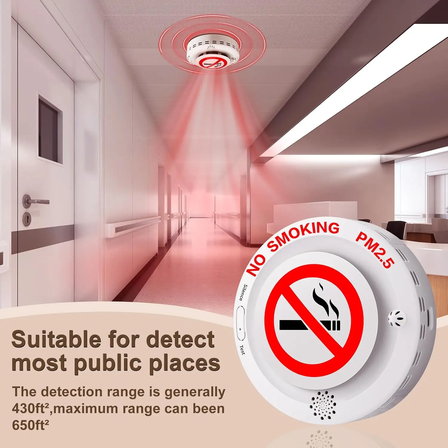 2in1 Cigarette Detector with Remote Control, Vaping and PM2.5 Alarm with Voice Reminder, Tobacco Control Guard Environmental