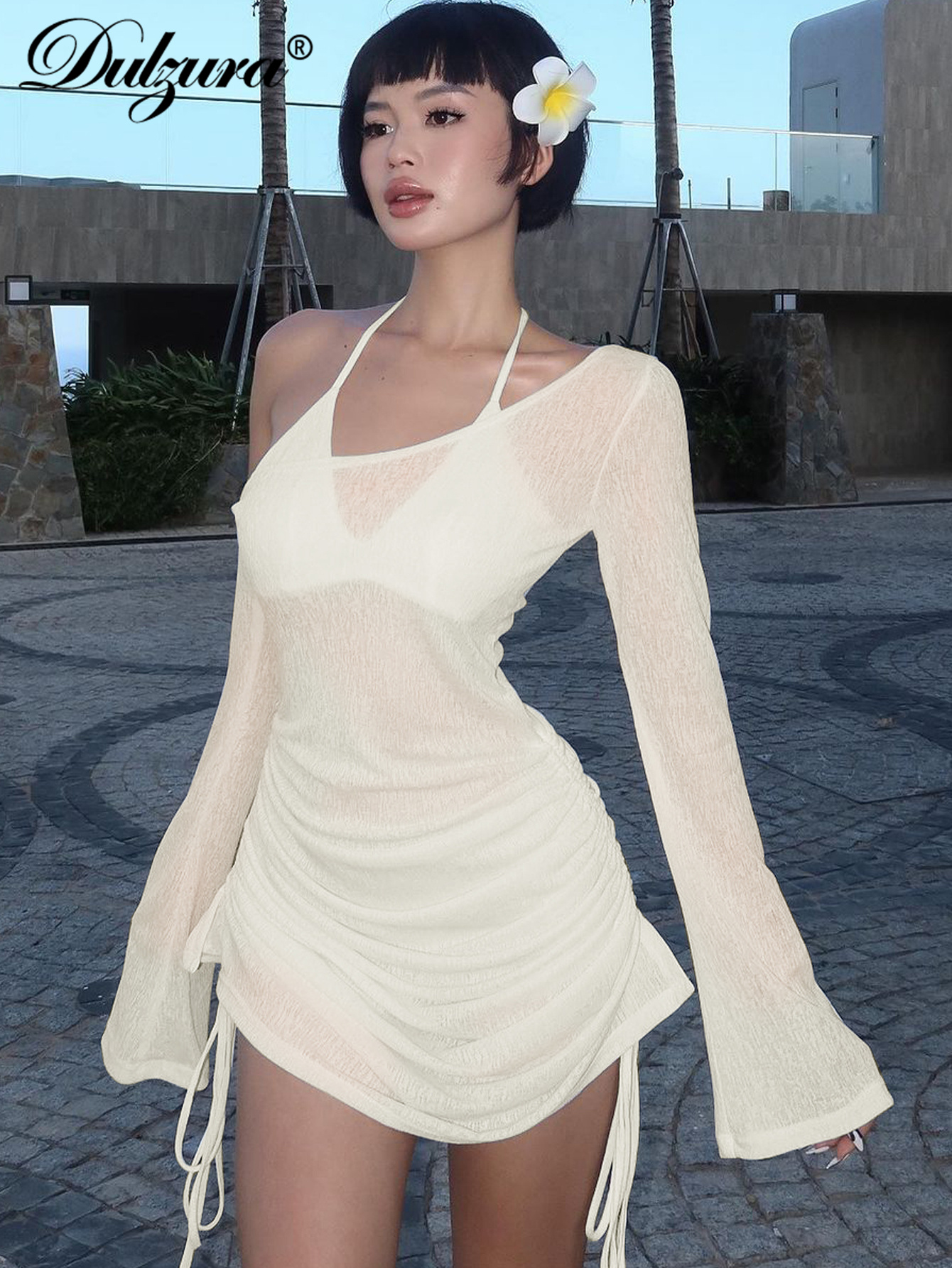 Dulzura-minivestido transparente con cordones y tirantes fruncidos para mujer, minivestido liso con cuello oblicuo, ropa de fiesta para discoteca, venta al por mayor, 2023