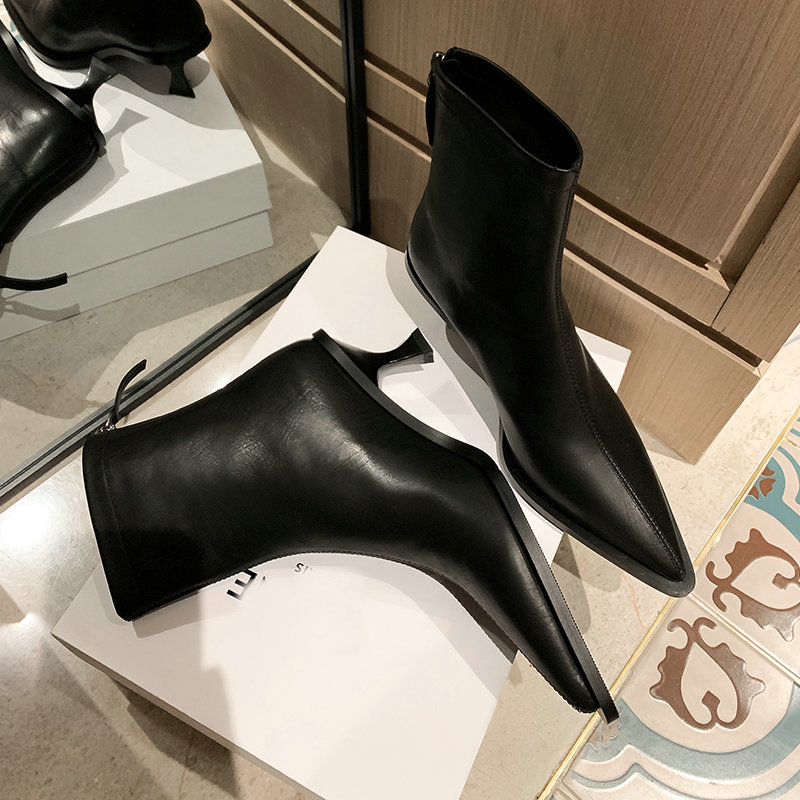 QUTAA-Botines de piel auténtica para mujer, zapatos de tacón alto con punta puntiaguda, informales, color negro, talla 34-43, para otoño e invierno, 2025