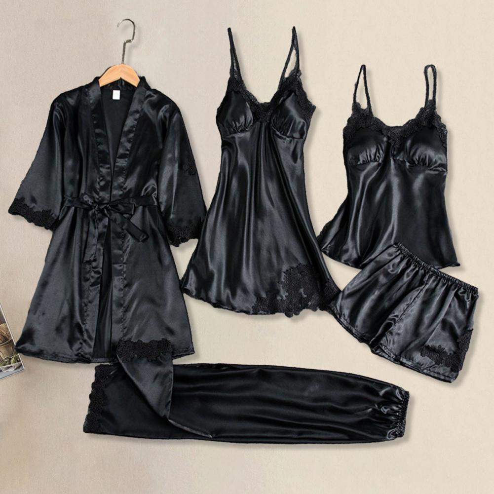 Ensemble pyjama en soie pour femmes, élégant, en Satin et dentelle, Patchwork, avec taille à lacets, chemise de nuit 5 pièces, haut et short pour un confort optimal