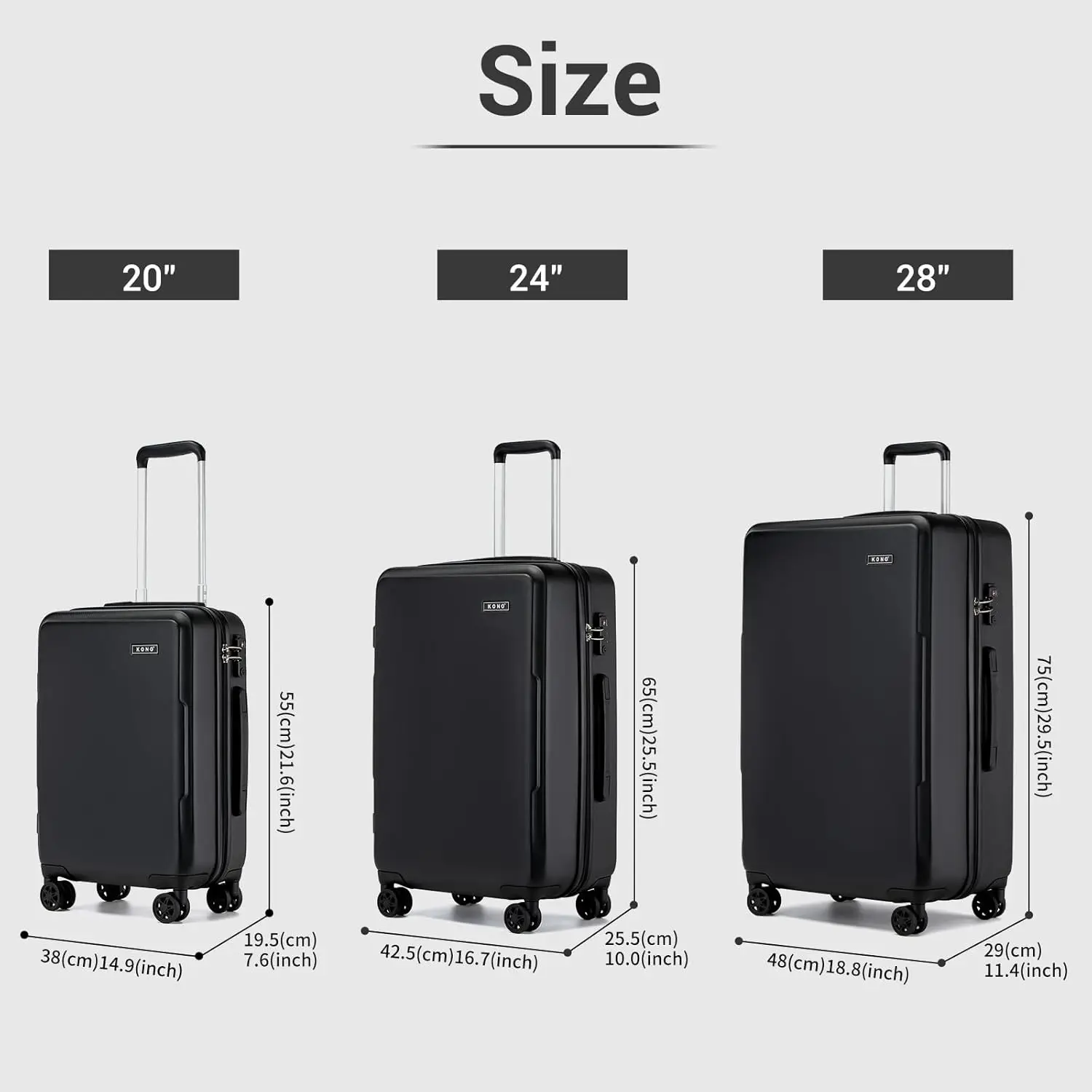 S/M/L Kono Handgepäck-Koffer Leichtes PC+ABS Hartschale mit TSA-Schloss, 4 multidirektionale Rollen - Kabinenkompatibler Trolley