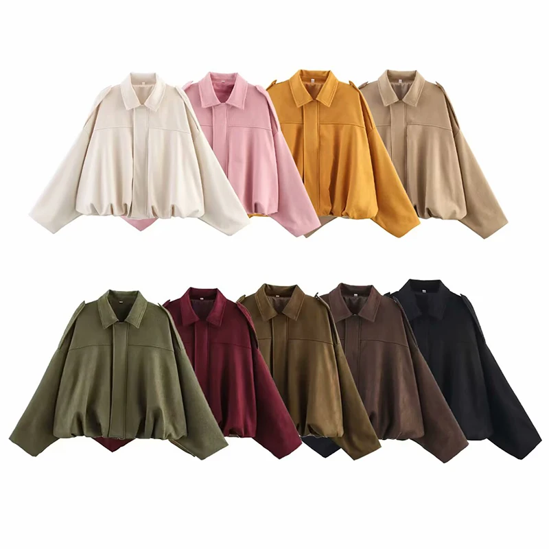 YENKYE Neue 2025, Frauen Wildleder Strukturierte Bomber Jacke Langarm Revers Kragen Lose Mäntel Casual Weibliche Oberbekleidung Chic Tops