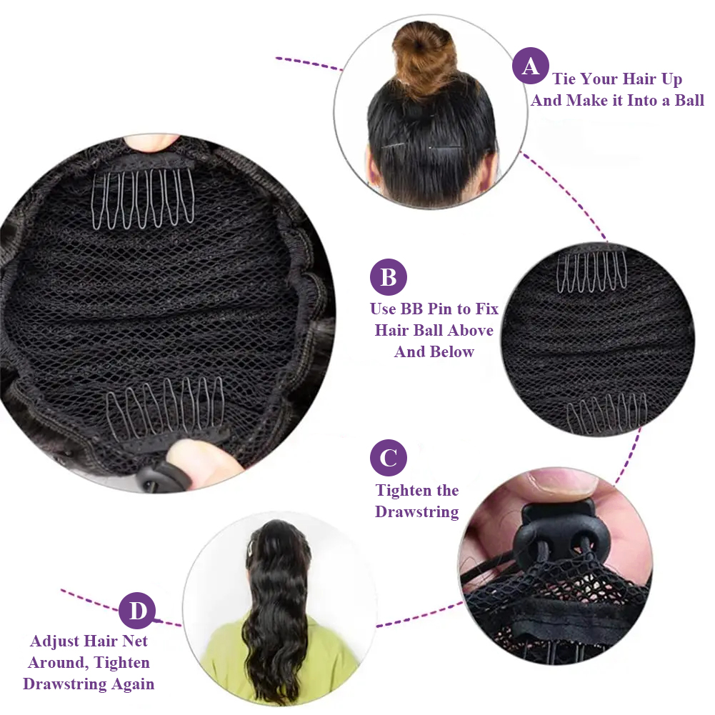 Vague de corps cordon queue de cheval naturel noir brésilien 100% vrais cheveux humains queue de cheval pince dans les cheveux Extensions de queue de cheval pour les femmes