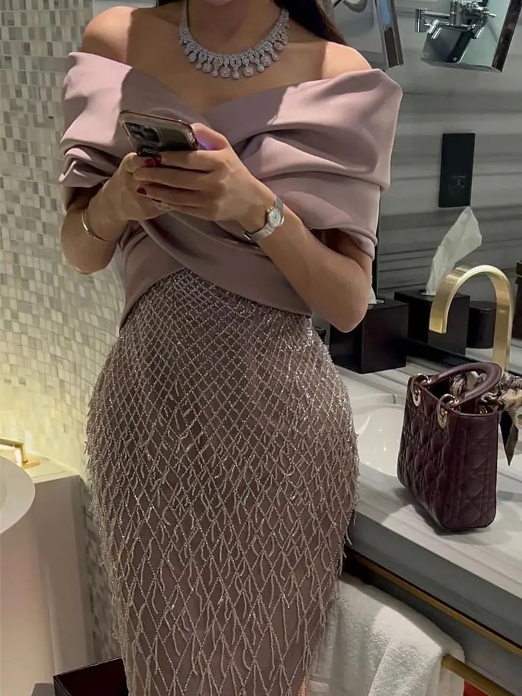 Elegant Off Shoulder Dubai Evening Dresses For Women Exquisite Glitter Wedding Luxury Tassel Arabic Formal Party Gown customized