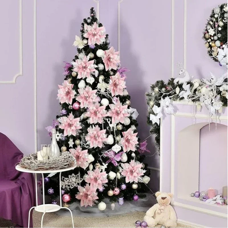 5 uds 14,5 cm brillo flores artificiales de Navidad Mreey decoración de árbol de Navidad adornos de Feliz Año Nuevo flores falsas de Navidad natal