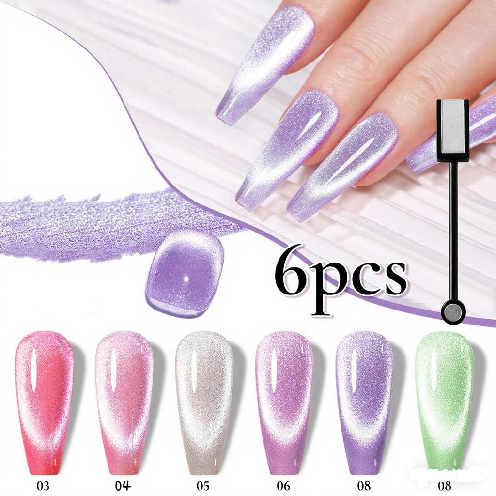 6 garrafas de conjunto de esmalte de gel magnético holográfico olho de gato, conjunto de arte de unha brilhante removível de gel UV semipermanente com ímã