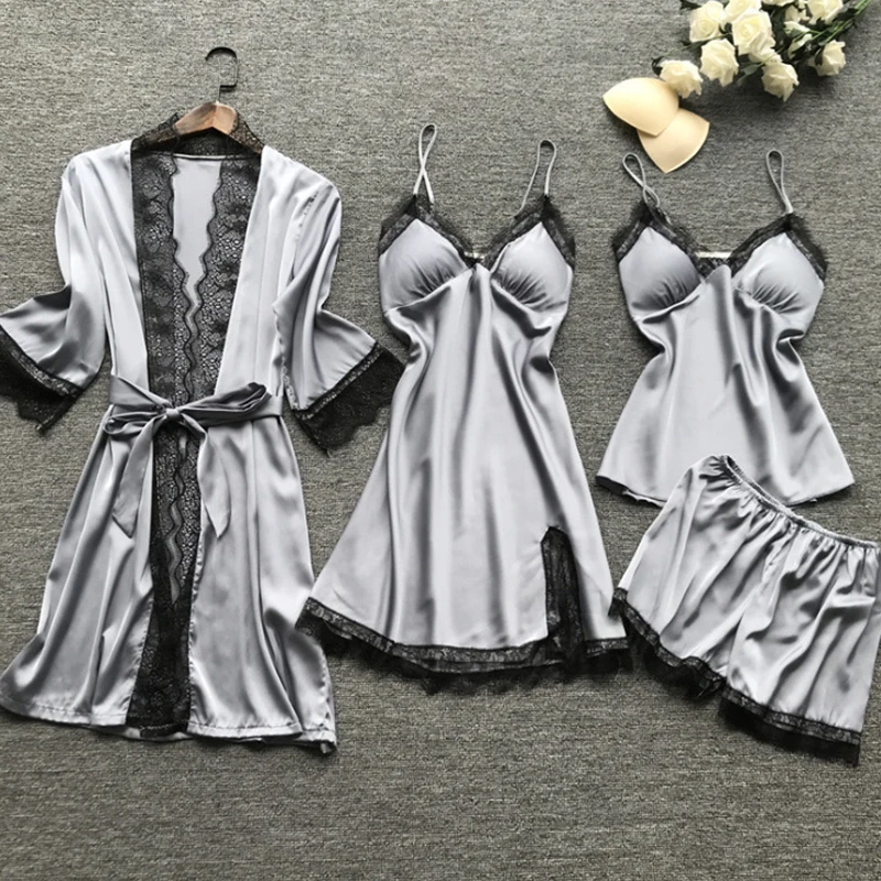 4 peças pijamas de renda sexy feminino moda com decote em v vestido conforto pijamas pijamas com almofadas no peito camisola casual loungew