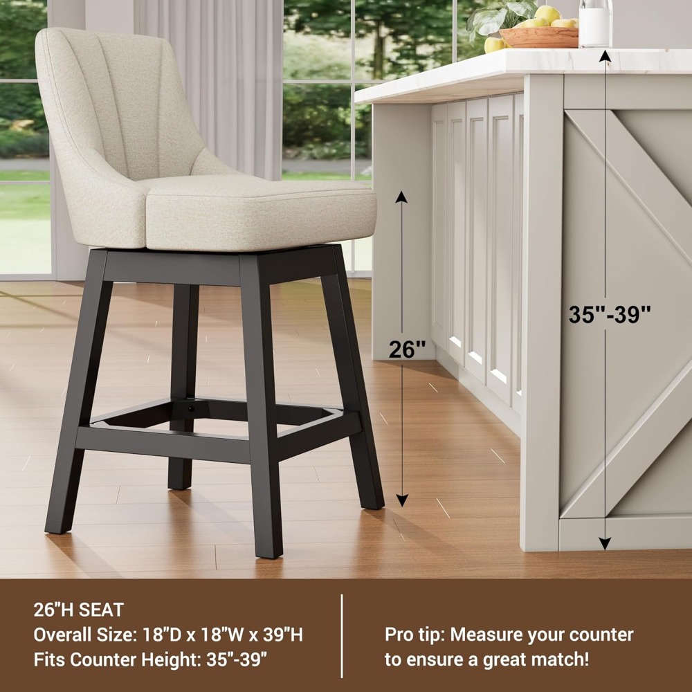 Swivel Bar Stools with Backs, 26" Counter Height Bar Stools Set of 2, Linen Fabric Extra Upholstered Counter Barstools with Squa