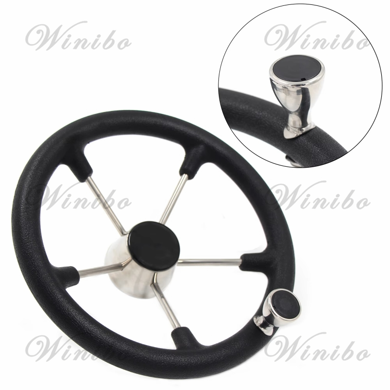 黒の海洋ステアリングホイール、ステンレス鋼、ノブグリップ付き滑り止め機能、ボートアクセサリー、ヨットに適合、13-1/2"