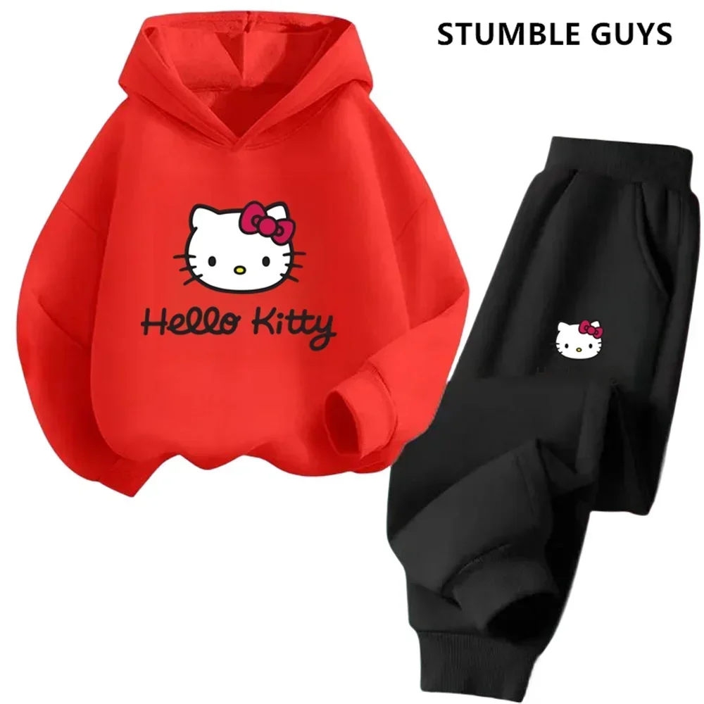 Kawaii Helloキティフーディーセット女の子、アニメパーカー、子供用パンツ、ティーントラックスーツ、幼児服、スポーツスーツ、2個、2022