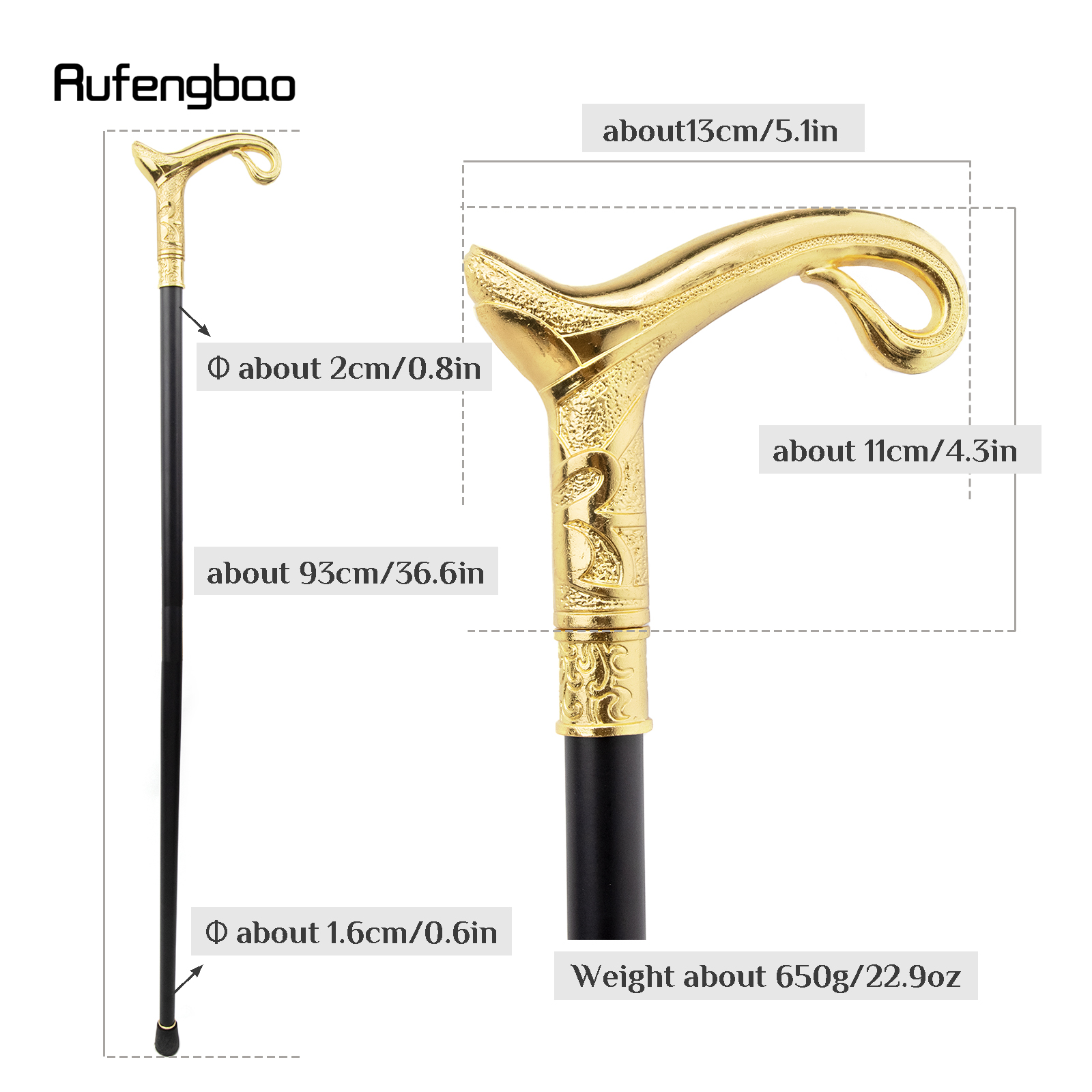 Bastão de caminhada de articulação única, tipo linha curva de luxo dourada, decorativo, cospaly, elegante, bengala, dia das bruxas, 93cm