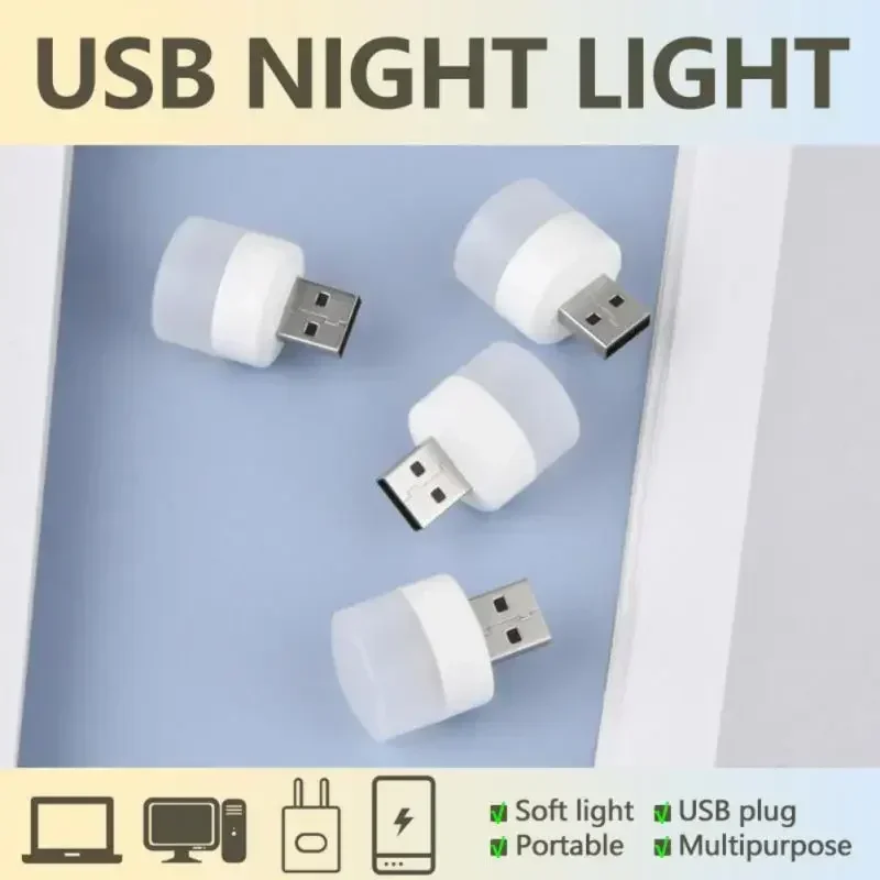 Luz nocturna USB Multicolor, Mini luz LED nocturna, lámpara con enchufe USB, Banco de energía, carga, luces de libro USB, lámparas de lectura redondas pequeñas