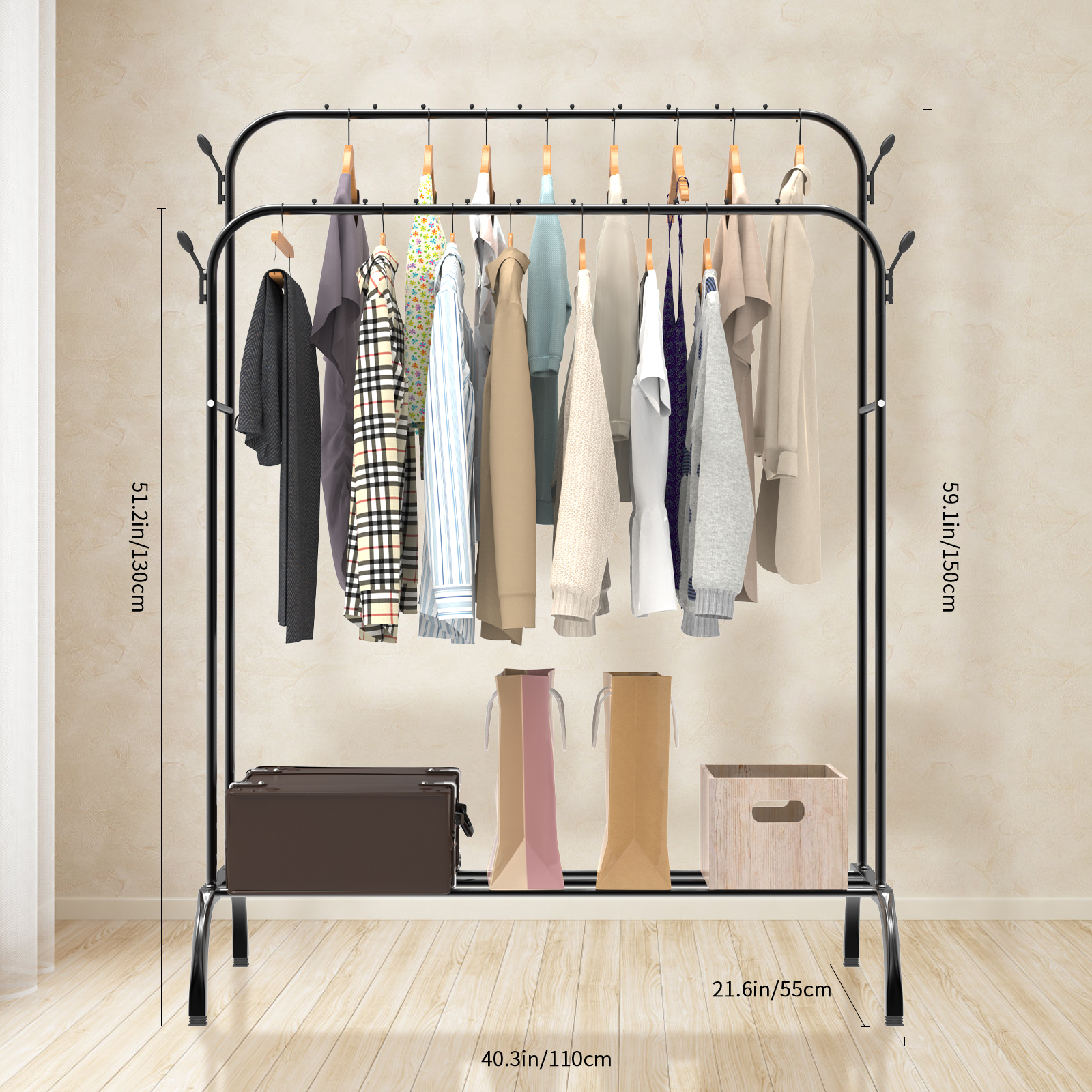 Metal Clothes Rail Coat Stand Clothes Rail for Bedroom Freestanding Garment Rack Hanger With 8 Side Hooks for Bedroom Office